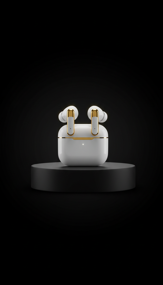 Gold-accent wireless earbuds with noise isolation